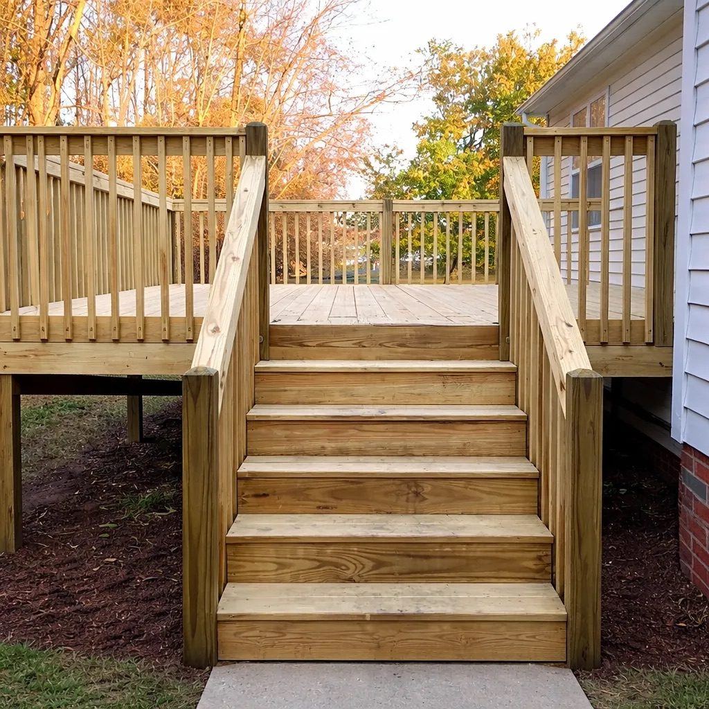 Custom wood deck stairs and railing